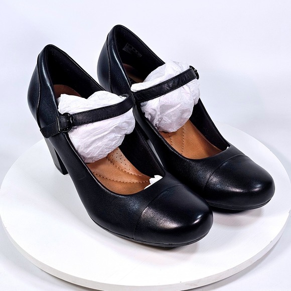 Clarks Shoes - Clarks Garnit Tianna Black Leather Mary Jane Pumps Block Heel Cap Toe Shoes 8M